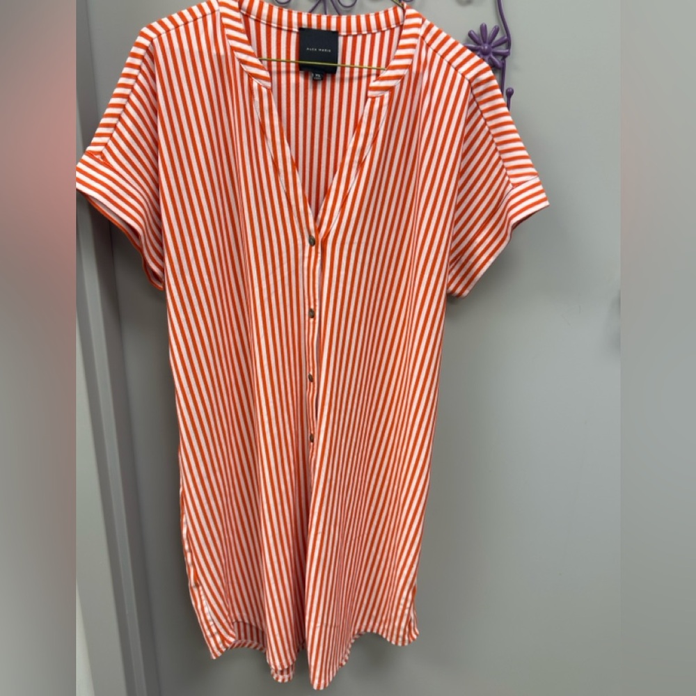 Alex Marie orange and White Striped Button-Up Shirt Dress